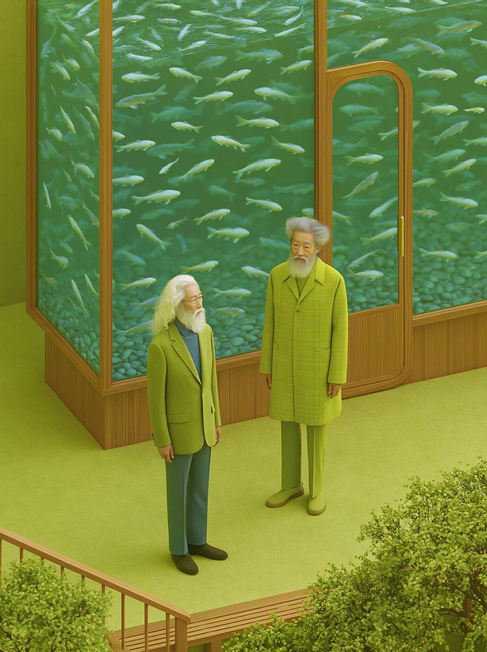 Two figures in green tailoring stand beside a monumental aquarium room in Aquatic Interiors